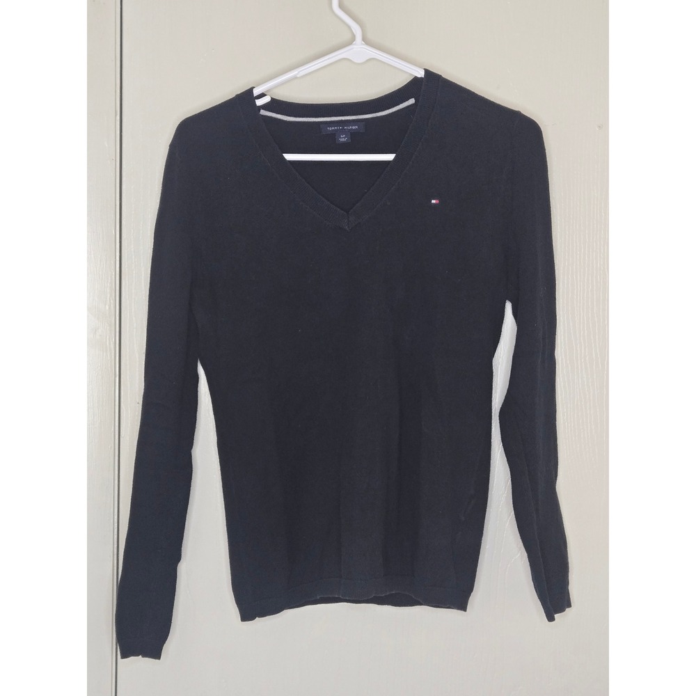 Tommy Hilfiger Womens Black V-Neck Sweater Vintage Flag Logo‎ Knit Top Small
